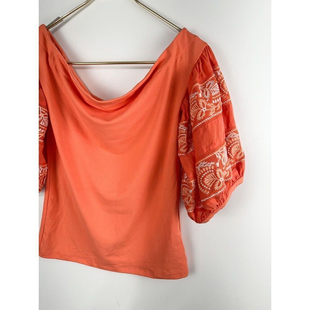 Free People Sz S Coral Rock With It Embroidered Puff Sleeve Off The Shoulder - Picture 5 of 8